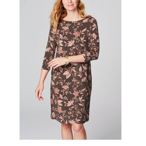 J. Jill Ultra-Soft Taupe Fall Floral Print Shift Dress w/Pockets Size 1X 16 Plus - Picture 1 of 7